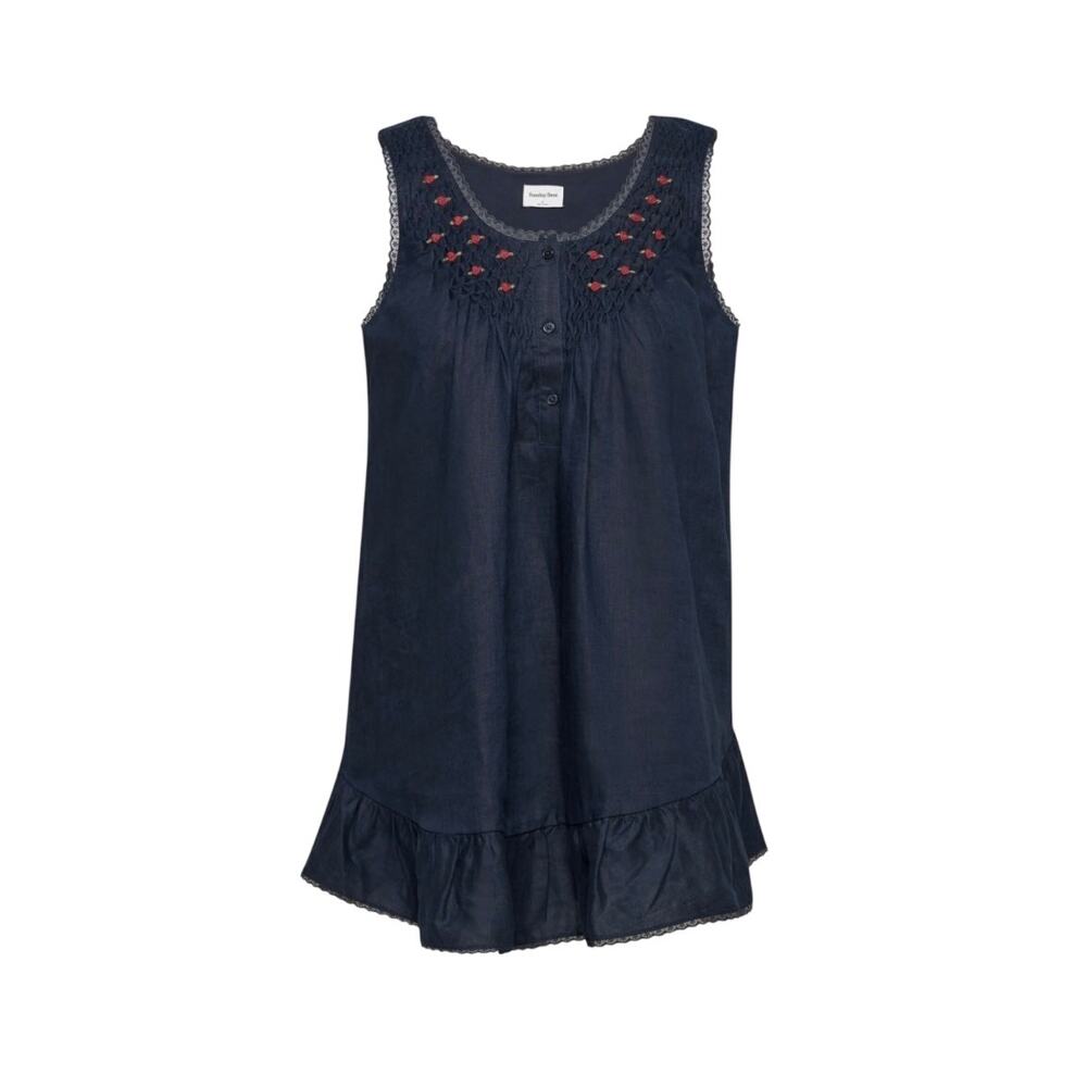 Aritzia Sunday Best Karina Linen Smocked Babydoll Dress XS navy blue lace rose
